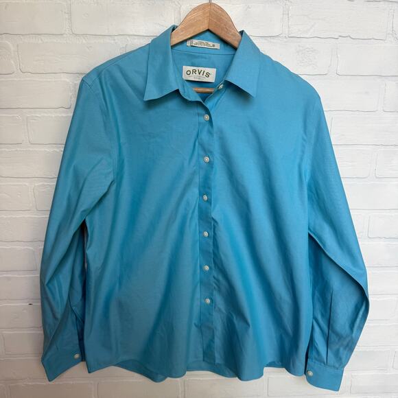 Orvis Women's Wrinkle Free 100% Cotton Turquoise Blue Button Down Shirt sz 14 - Picture 1 of 5